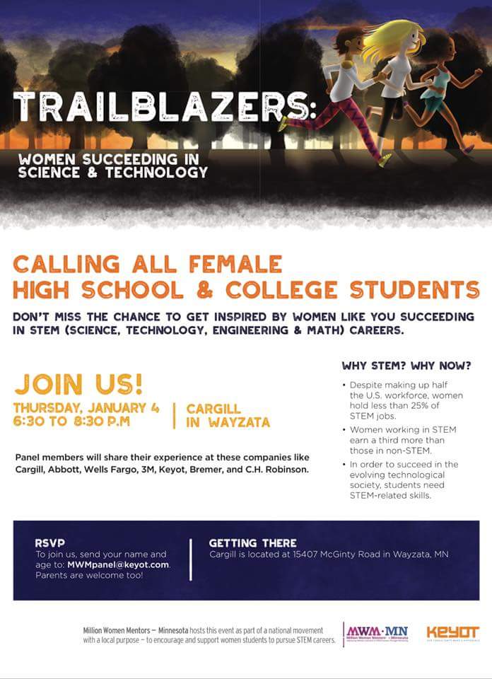 MWM_MN's tweet photo. TRAILBLAZERS 2.0 is almost here! Hosted @Cargill 1/4 free for all MN high school and college age girls interested in STEM. Get inspired by women thriving in a variety of STEM careers. RSVP: mwmpanel@keyot.com  @minnstateedu @MinnesotaSCA  #gendergap #diversity #mnevents #STEM https://t.co/OEY0I00Df1