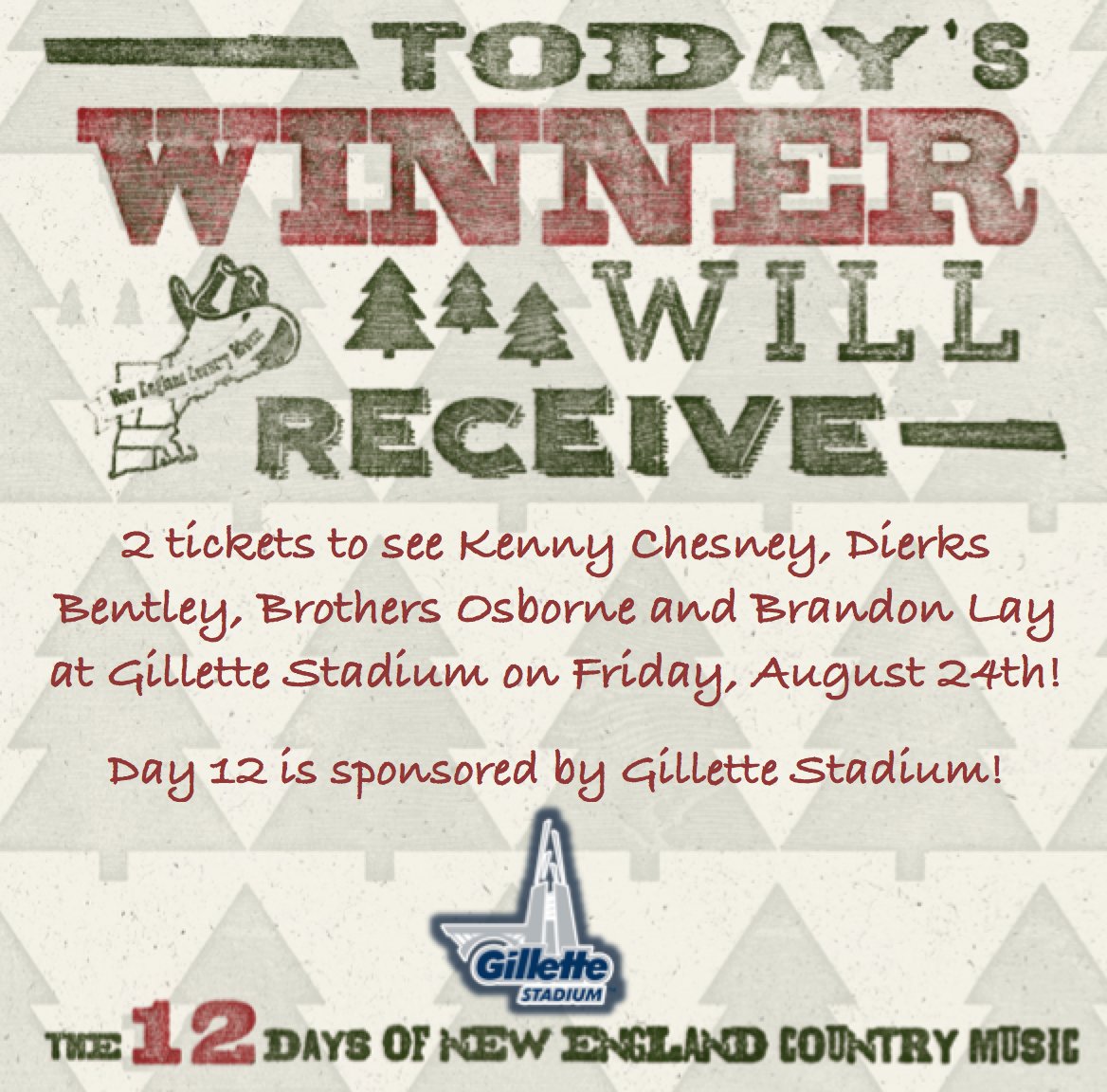 NECntryMusic's tweet photo. Day 12 of #12DaysOfNECM: Enter to win 2 tickets to see @kennychesney + friends at @GilletteStadium on August 24th! To enter: RETWEET AND REPLY with the name of who you'd bring with you to the show! MUST FOLLOW #NECM AND USE #12DaysOfNECM in reply! Sponsored by @GilletteStadium! https://t.co/MdXczpPIcx