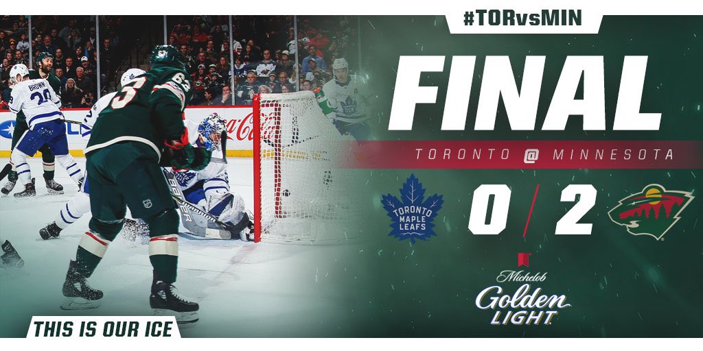 mnwild's tweet photo. ✌️-0️⃣ 
#mnwild rakes up the Leafs, 2-0, at @XcelEnergyCtr. @Stalock32 pitches the shutout! https://t.co/XgkNIUgBHF
