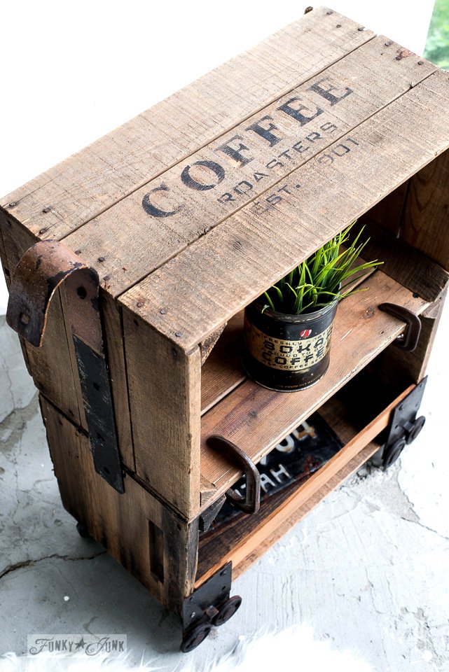 Who makes furniture this time of year? Apparently I do. Faux industrial coffee crate style of course! Great cheats with rusty junk and a stencil. go.shr.lc/2B7gXD4 #oldsignstencils #coffee #furnituredesign