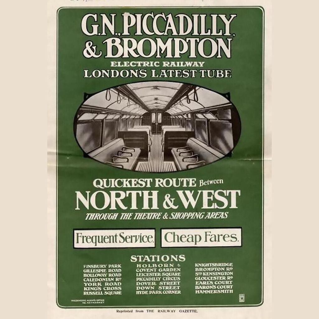 1906 poster advertising the new Piccadilly railway. 'Holborn' is printed in the largest font of all the stations here so clearly was an important stop.