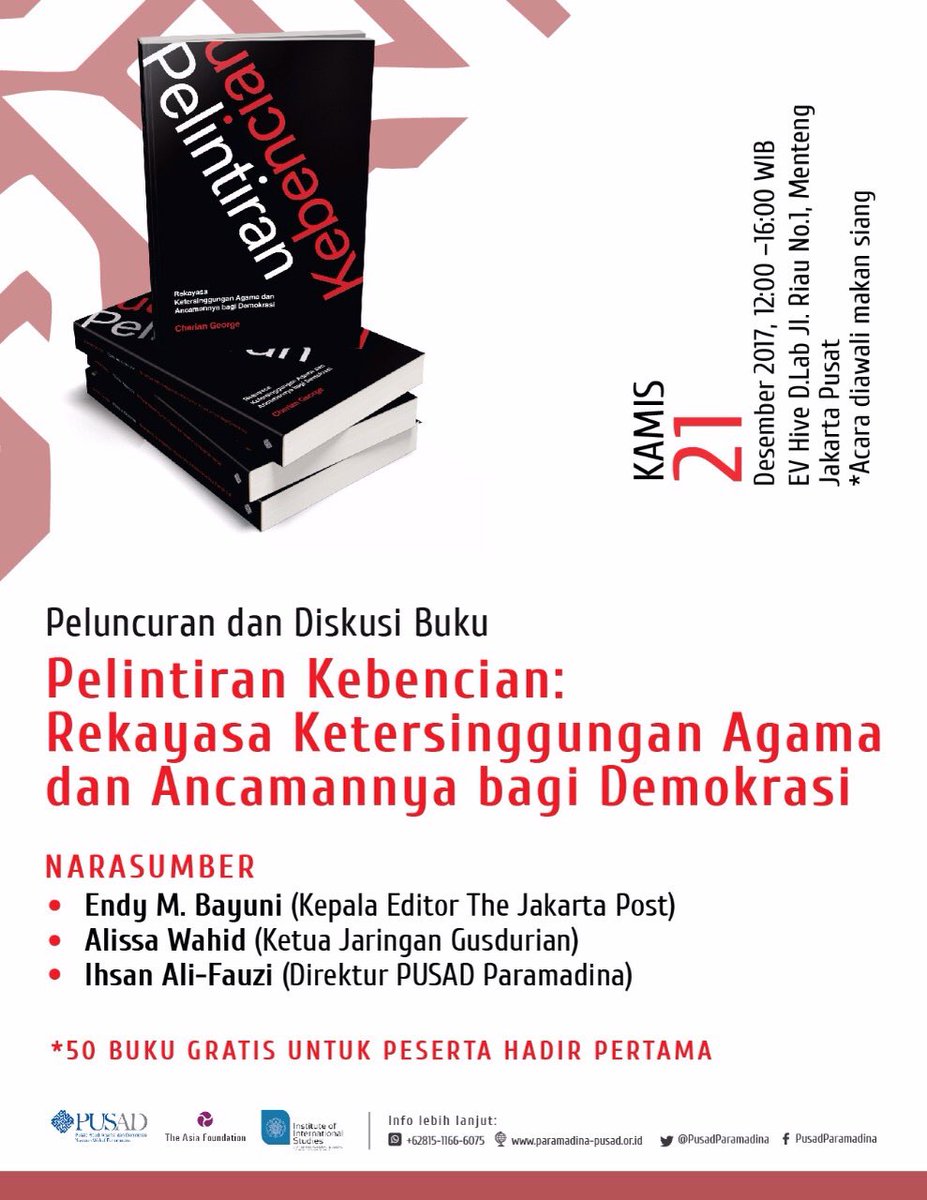 Peluncuran &amp; Diskusi Buku

Pelintiran Kebencian: Rekayasa Ketersinggungan Agama dan Ancamannya bagi Demokrasi.

Kamis 21 Desember pkl 12.00