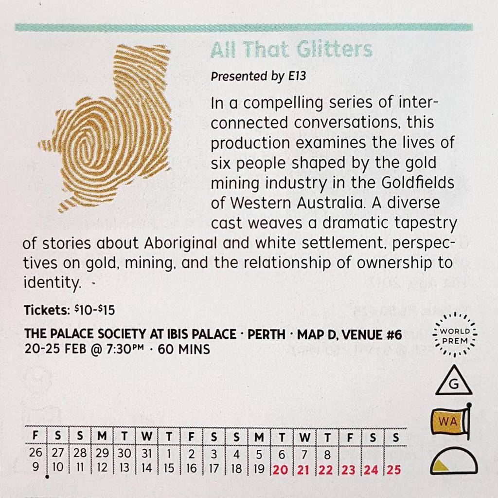 e13arts's tweet photo. Just checking out the FRINGE WORLD programme that arrived in the post today. • • •
#E13 #E13AllThatGlitters #production #play #show #aboriginal #dreaming #stories #mining #gold #emu #history #identity #ownership #kalgoorlie #boulder #karlkurla #welov… https://t.co/ogV4b0YeCR https://t.co/qpwr88MDf2