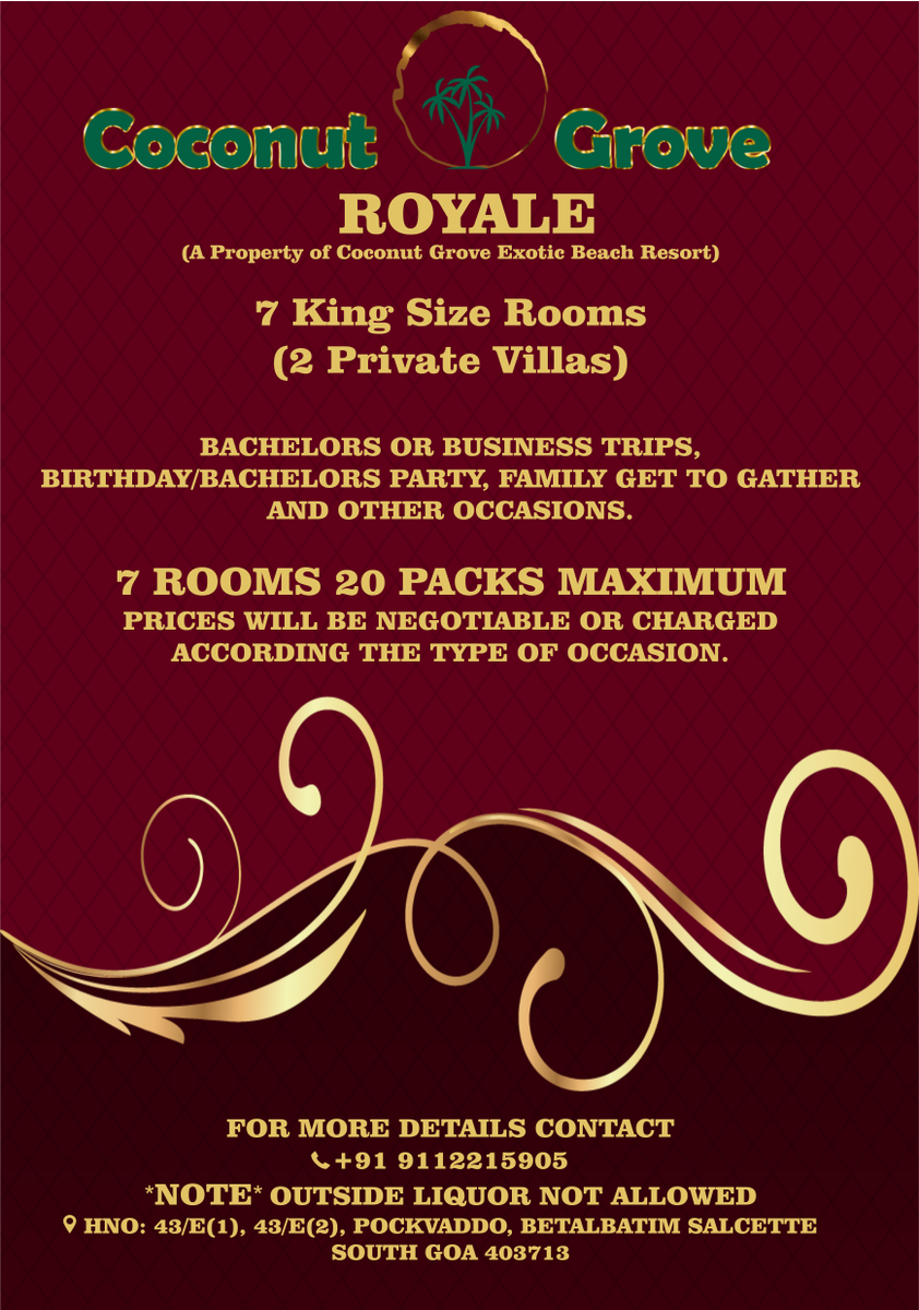 goacoconutgrove's tweet photo. Book your rooms in our Second property Coconut Grove Royale, Betalbatim, South Goa, Goa. Perfect for Small Parties &amp; Family Functions. Book Now for New Year 2018. Click- https://t.co/D7QDR3ZHbx . https://t.co/b02EDVsbbi