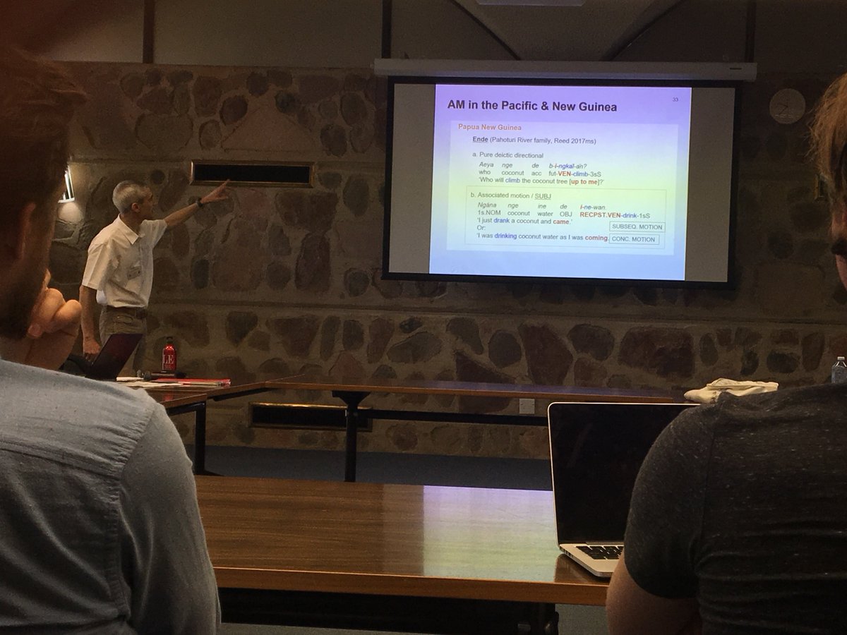 lareedling's tweet photo. I was very proud today to have analysis from my recent working paper on associated motion in Ende (a Pahoturi River language from southern New Guinea, where I did fieldwork Sep-Nov 2017) included in Antoine Guillaume's presentation at the Associated Motion workshop at #lingtyp. https://t.co/97bnP29JxX