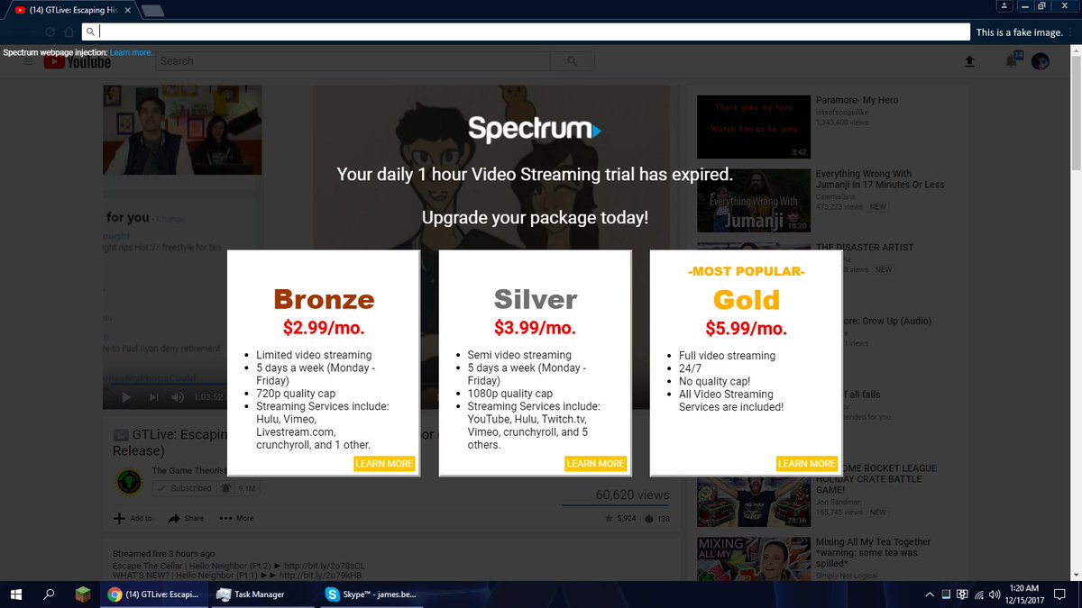 AwesomePowerCat's tweet photo. When I can't watch GTLive because #NetNeutrality was repealed.
@MatPatGT @CordyPatrick #GTLive #BattleForTheNet 
(This image is demonstrating one of the worst scenarios, and does not reflect the view of Spectrum (Charter Communications)) https://t.co/wHv5RlBxlu