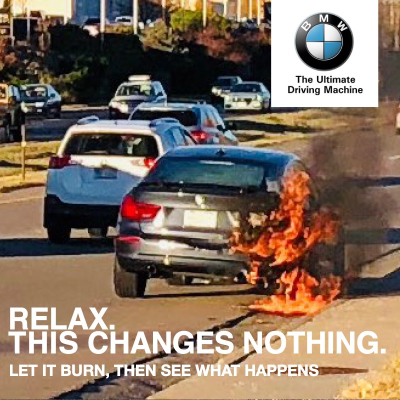 Thanks, <a href="/BMWUSA/">BMW USA</a> <a href="/BMW/">BMW</a> <a href="/trudy_hardy/">trudy hardy</a> for the service brochure you sent me titled, “Relax. This changes nothing.” And featuring a fender-damaged #bmw. I took the liberty of updating the photography assets. Entering mnth 3 of no action. #truthinadvertising #bmwfire