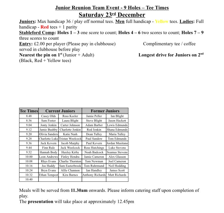 jbgolf65's tweet photo. Start times are out for @WestCornwallGC @juniors_west reunion on Sat 23rd December. Should be a great day! #juniorgolf #getbackintogolf #goodtimes https://t.co/hdEMDXH02G