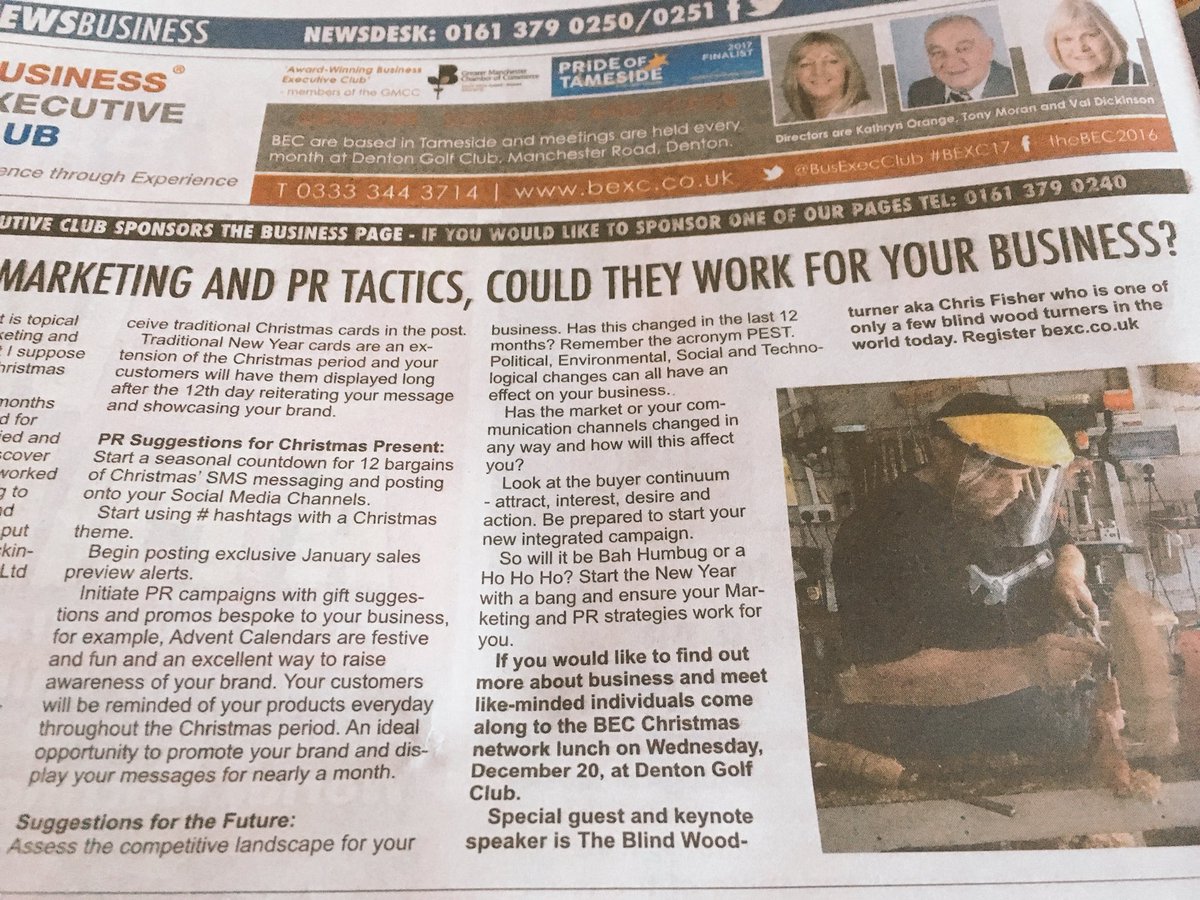 BusExecClub's tweet photo. Weโve hit the headlines again with our festive #marketing & #PR tips for #businesses View pg 40 @newsintameside @tamesideRT @Tameside_Hour @Finalfixltd @tamesidenews @blindwoodturner @athenahall @jh_web @MattKershaw_ @Recruiteratfsb @vald14 @valiantPservice #BEXC17 https://t.co/1dxZYcozlu