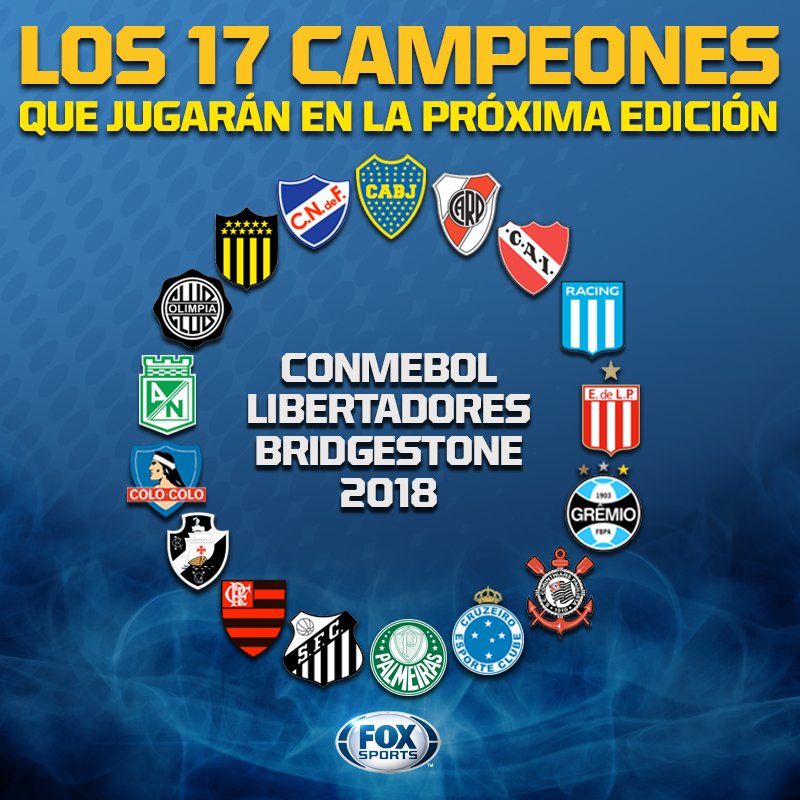 ESPNArgentina's tweet photo. ¡ACÁ ESTÁN, ESTOS SON!
#LibertadoresxFOX | Los 17 campeones de la Copa que estarán presentes en la edición 2018 de la competencia. https://t.co/ejjw2GCqoD