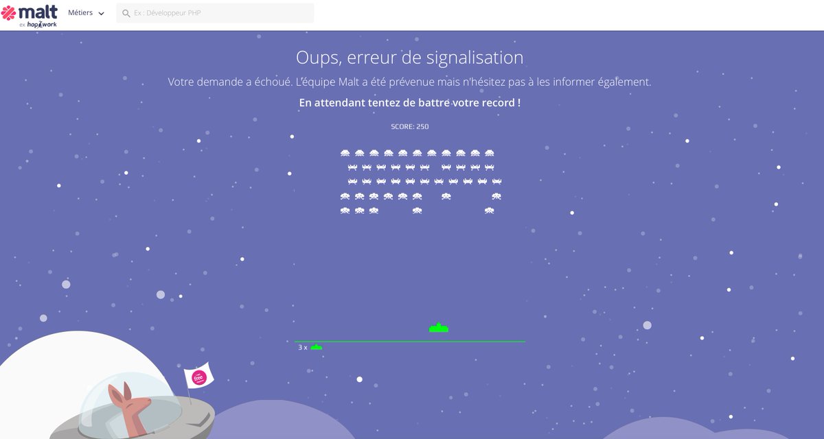 Almiron's tweet photo. Pas mal la page d’erreur de @malt_FR avec un petit #SpaceInvaders pour faire patienter :)
#Malt #Hopwork #Freelance https://t.co/YQQsbovFXP