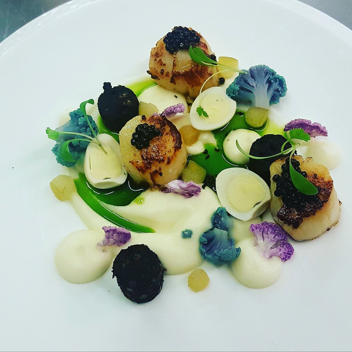 ChefChatfield's tweet photo. #scallops #blackpudding #caviar #cauliflower #pickled #quail #eggs #smoked #apple #eastlondon #galyonsbarandkitchen https://t.co/wKACsLiWbt