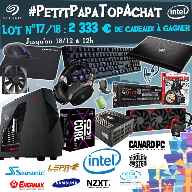 TopAchat's tweet photo. @IntelFrance @Seagate @NZXT @SamsungFR @SeasonicPSU @coolermasterfr #Lot17 #PetitPapaTopAchat 
Pour plus de chances d'être tiré au sort, participe aussi sur Insta ! ⬇️

https://t.co/0fKQCEG631 https://t.co/bxL9kM4Lvb