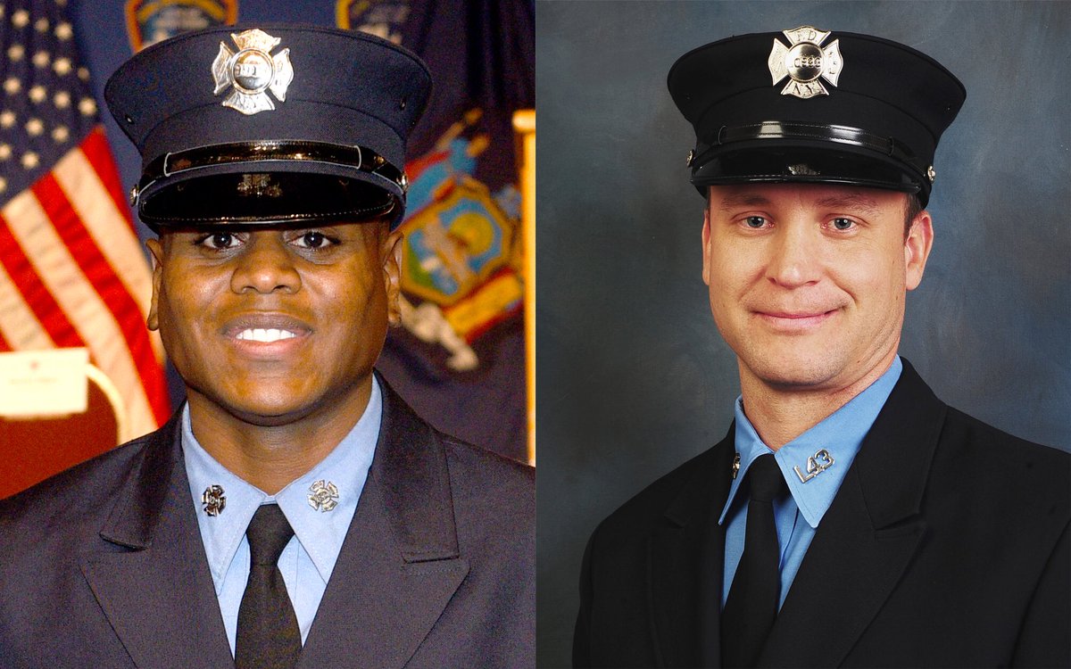 FDNY's tweet photo. Earlier this morning #FDNY Firefighters Amir Frances and Justin Pelka from #Ladder43 rescued a family of 7 from a fire at 175 E 112 St MN https://t.co/Rivr0sxS0c