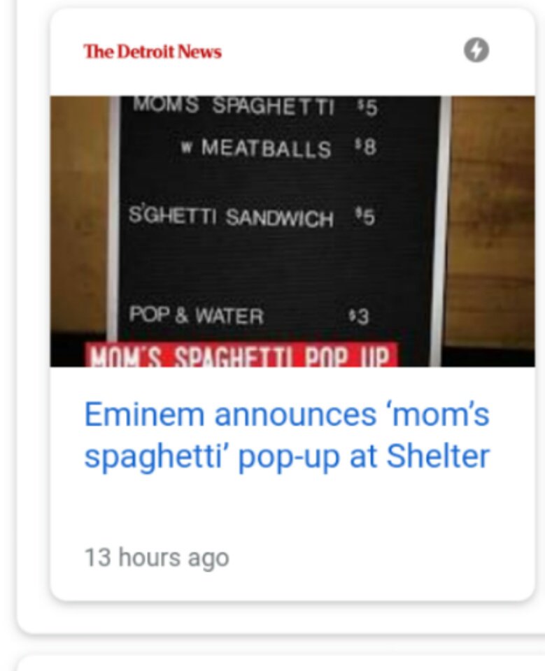 “#Detroit! Come #vomit up some #spaghetti with #SlimShadyHimself  this weekend at our official #Revival pop up'
'mom’s spaghetti” for $5, 
$8 with meatballs 
and a 
“s’ghetti sandwich” for $5.
#Eminem #MomsSpaghetti #PopUpShelter #DetroitMI #OneLove 🍝❤