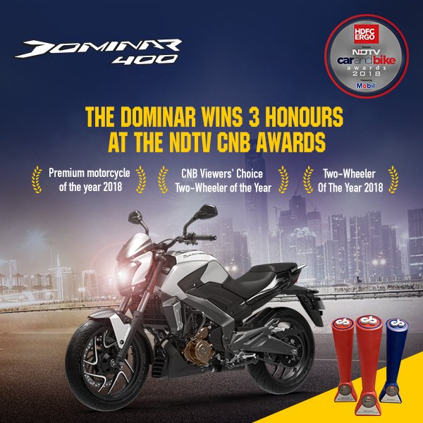 BajajDominar's tweet photo. After dominating the competition, the #Dominar400 has achieved another milestone in the world of motorcycling by riding home with the Two-Wheeler Of The Year, Premium motorcycle of the year and CNB Viewers' Choice Two-Wheeler of the Year awards. #cnbawards https://t.co/Y5xjNwe2O8