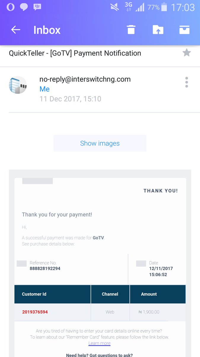 ElueCharles's tweet photo. @Quickteller  please I paid for my gotv plus on monday 11-12-2017 and my subscription is still not up.contacted gotv customers care and was told payment as not reflected,here is prove of payment..pls assist https://t.co/VGu5V8I3lY