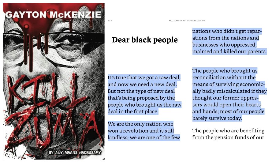 bent_o2s's tweet photo. Dear #Black People of #SouthAfrica 
Excerpt from #MustRead Book #KillZuma 

Big Exposes the Enemies of the #Nation. 
@ANCYLhq @GautengANC @GautengANC @_SaveSA @The_New_Age @BLF_SM @Black1stLand1st @BrianTloubatla @HuffPostSA @ferialhaffajee  @SAgovnews @MogaleMaeko https://t.co/WwuNjT5sUE