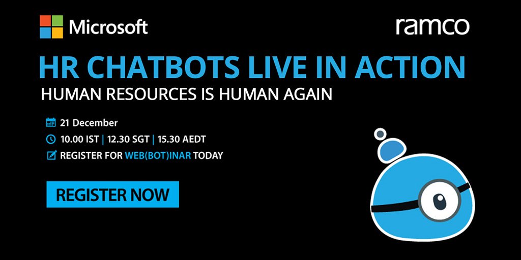 RamcoPayroll's tweet photo. Witness HR Chatbots live in action! Join @Microsoft &amp; #Ramco to discover how #HR #Chatbots can take the transactional load away from HR. Register for #Webinar (#Botinar): https://t.co/CIfB9536Pj
#HRMS #HRIS https://t.co/dLY1R6dtUr