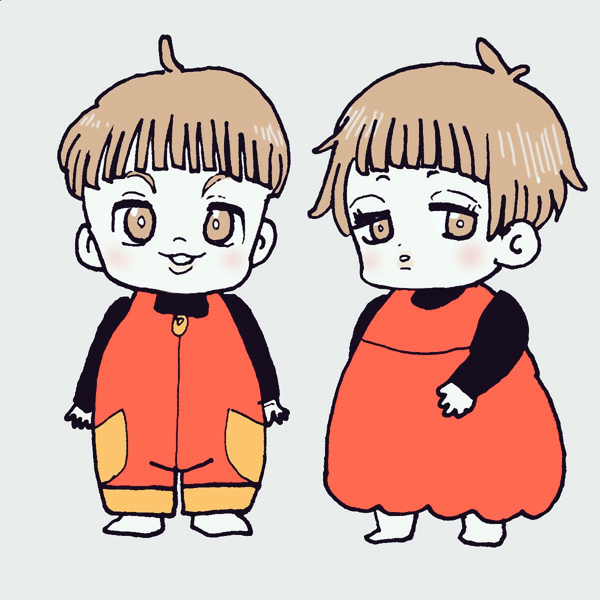 一ヶ月前に描いてた落書き(1枚目)に続き(2.3枚目)を描いてみたり。毎日こんな感じ?
俺フォーク使えるんだぜ〜ヒュ〜〜!ってやってる片割れを横目に見てる娘の無表情加減には毎度笑うし、両手使いでフォークもスプーンも使いこなしてるのは流石だと思う。娘はいつも一歩も二歩も進んでる 