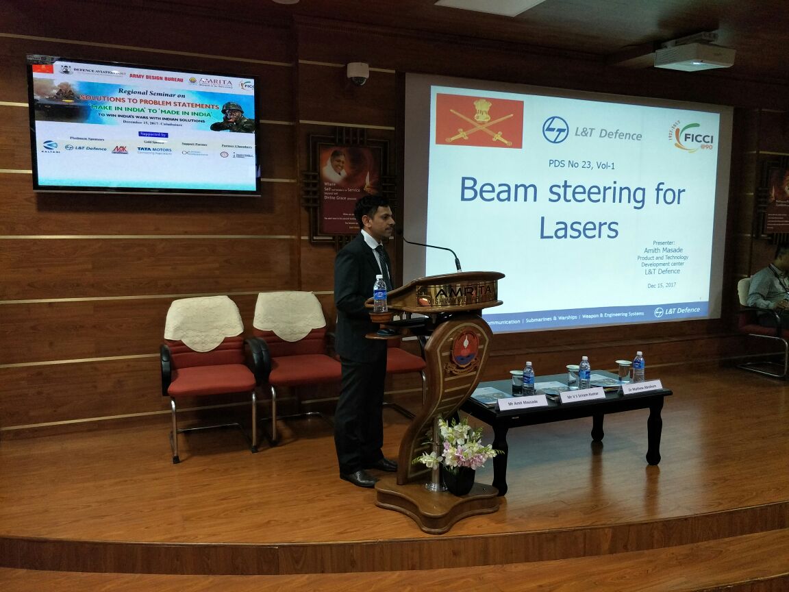 DefencePost's tweet photo. Beam Steering for lasers by Amith Masade, Manager, Product and Technology Development, L&T Defence at #DefenceMakeInIndia event in #Coimbatore @AMRITAedu https://t.co/rBV9i4jKfw