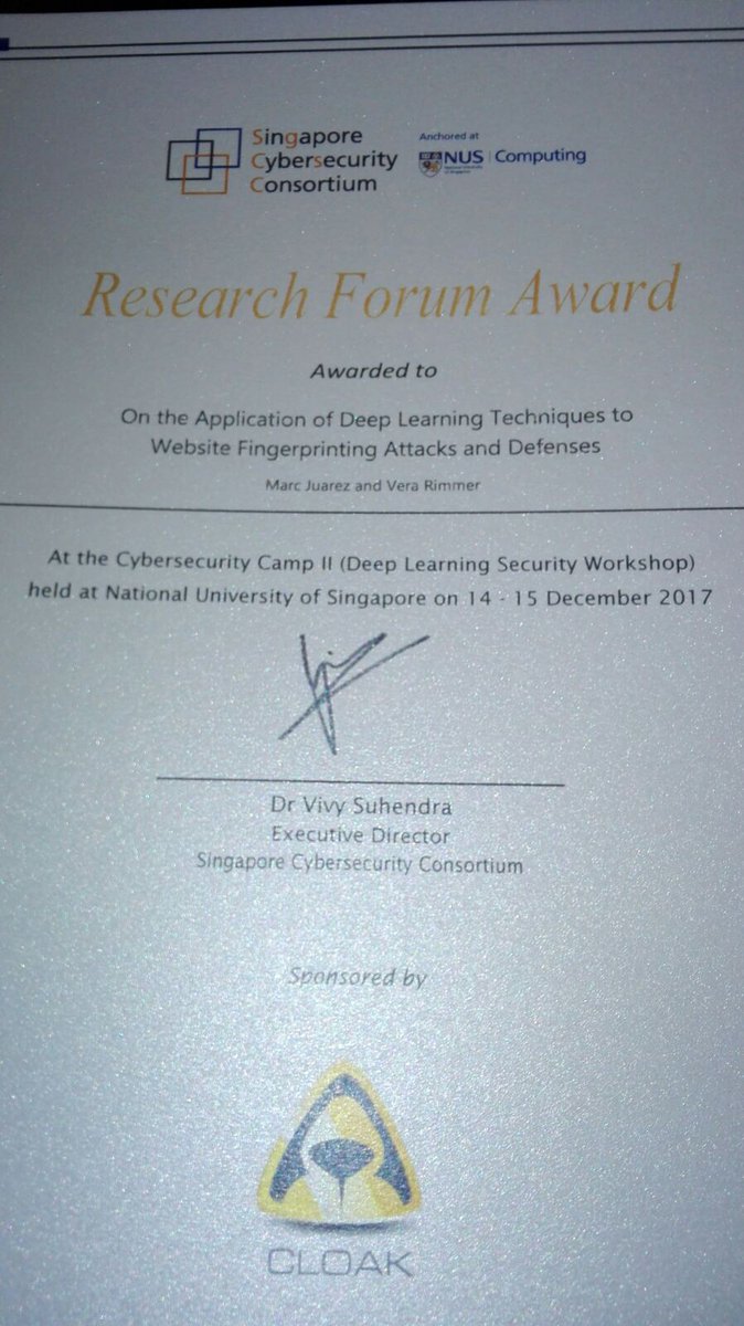 CosicBe's tweet photo. Congrats to Marc Juarez &amp; Vera Rimmer for receiving the research forum award at #DLSW 2018 in Singapore
https://t.co/eqBz7RC7a7 https://t.co/oez9p0qM6B