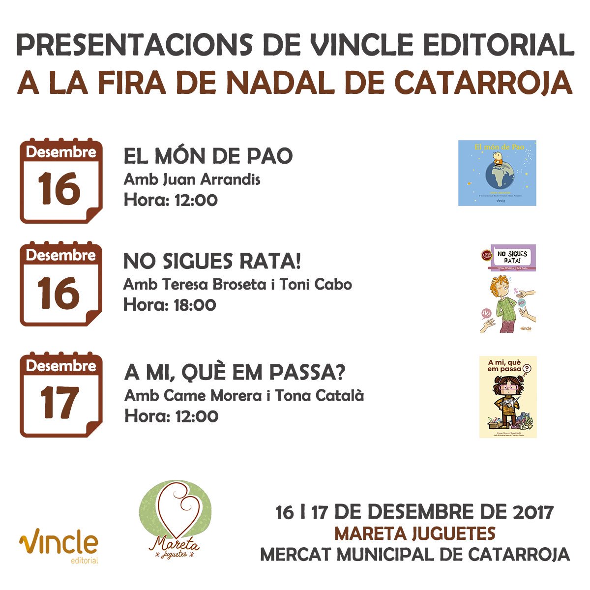 Vincle_Ed's tweet photo. 📢 RECORDEU! Demà i diumenge presentem a #MaretaJuguetes de #Catarroja els nostres llibres #ElMónDePao, #NoSiguesRata i #AMiQueEmPassa, dins el Mercat de Nadal del @ajuntcatarroja https://t.co/1FHwtmCdu9 https://t.co/4CPl44qtHL