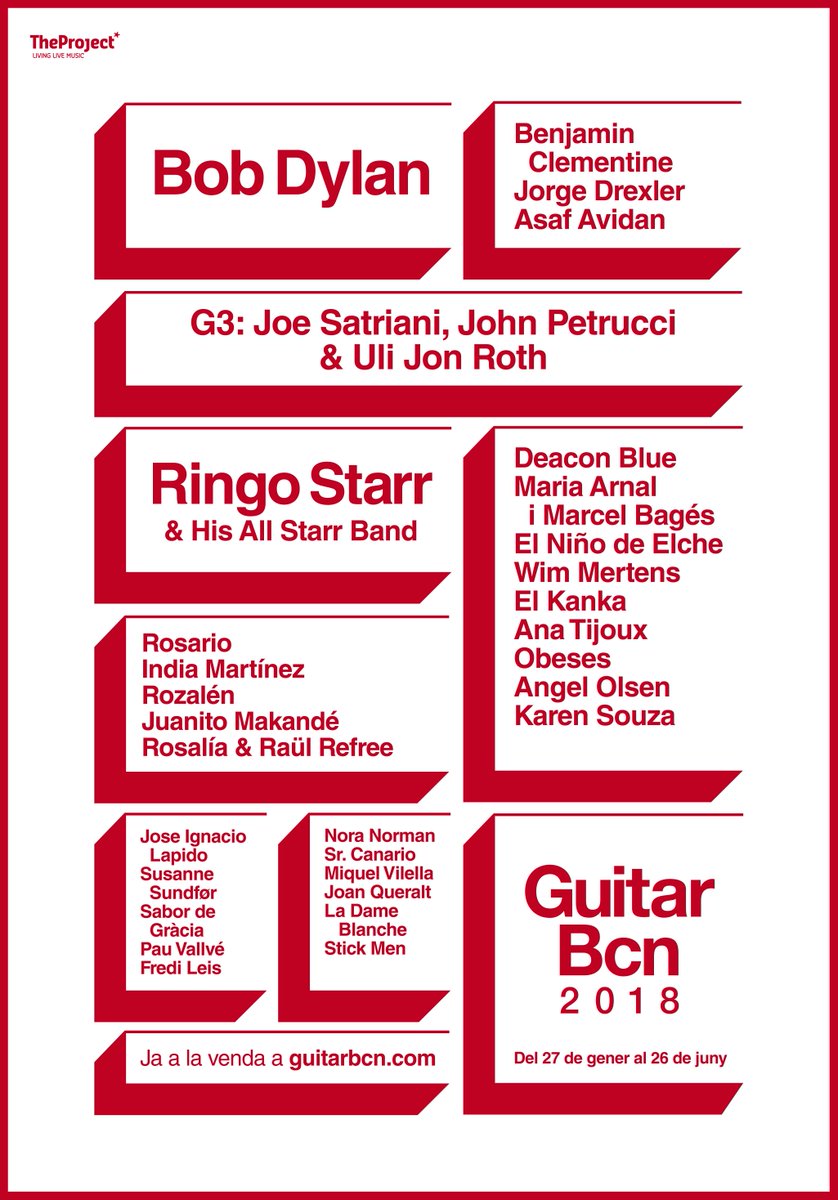 Muy orgullosos de presentar el cartel del #GuitarBcn2018 con nombres de la talla de #BobDylan, #RingoStarr, #JoeSatriani, #JohnPetrucci...
COMPRAR ENTRADAS -> guitarbcn.com