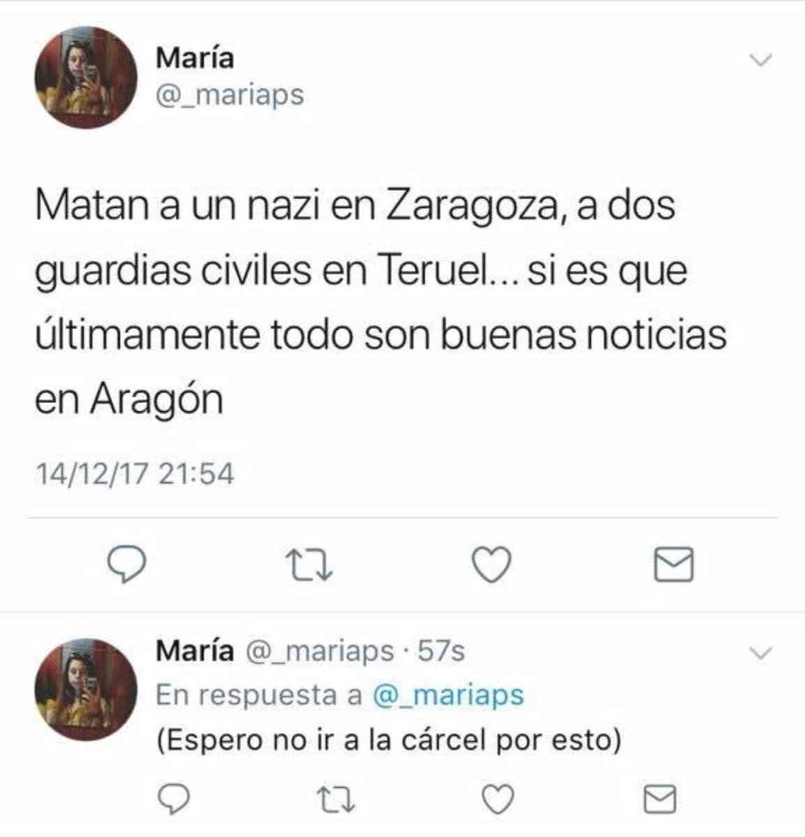 joosearodriguez's tweet photo. Vergüenza, asco son algunos de lo adjetivos que despierta este tweet de @_mariaps.
Festeja la muerte de dos miembros de la Guardia Civil y el asesinato del hombre por llevar tirantes con la bandera de España.
Yo si espero que la justicia actúe. https://t.co/weIGdTkWbo