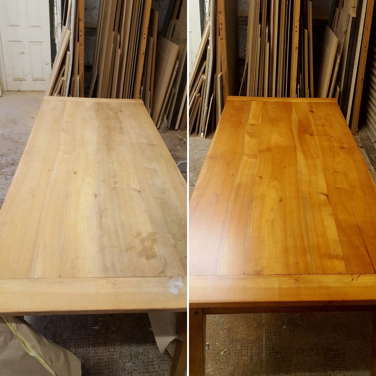Docfurniture's tweet photo. Before  and after pictures of a table top just restored.
Halfway through sanding on the left and restored with a clear matt finish in the right picture.
#repolished #table #tabletop #Sheffield #UpcycledHour #ATSocialMedia #sprayfinish #oldtonew #thefurnituredoctor #frenchpolish https://t.co/BL1n0YKuMC