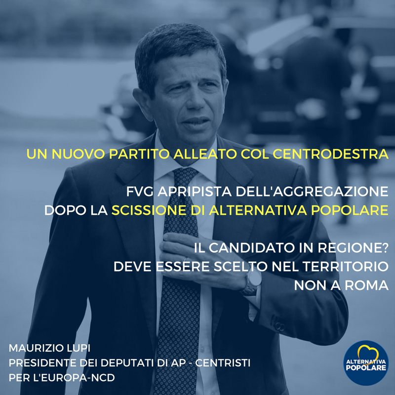 Messaggero Veneto | Lupi: un nuovo partito alleato col centrodestra
Fvg apripista dell'aggregazione dopo la scissione di Alternativa popolare
«Il candidato in regione? Deve essere scelto nel territorio non a Roma»

Leggi l'intervista di Mattia Pertoldi➡bit.ly/2AKt6ib