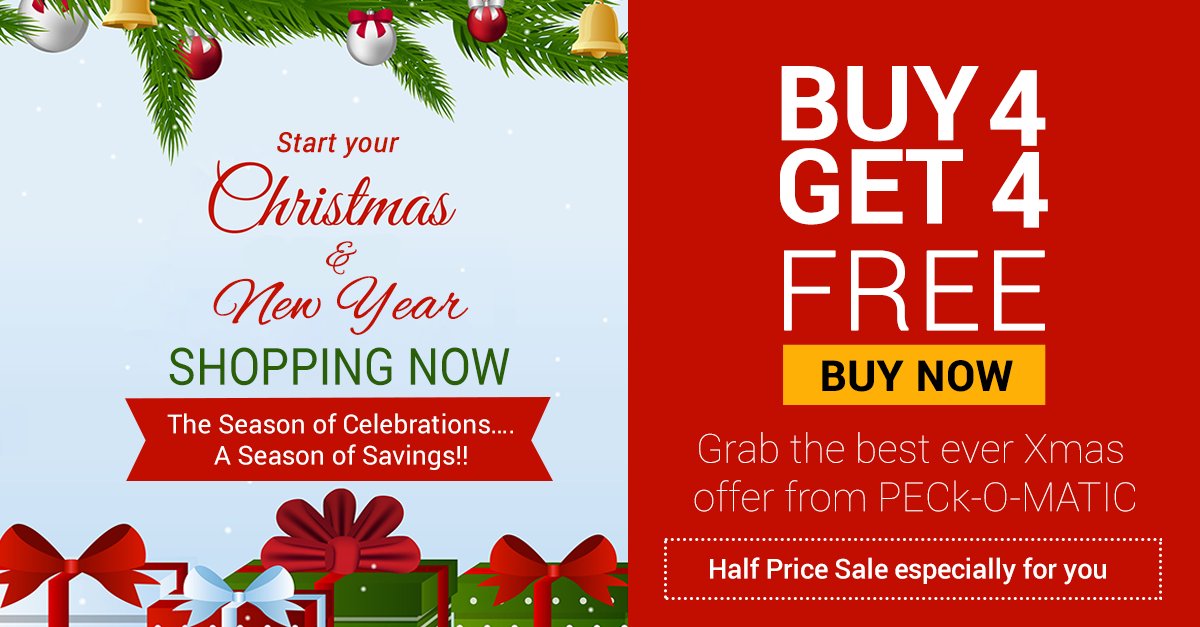 Peckomatic2014's tweet photo. Celebrate this Festive Season with PECk-O-MATIC.  #Halfpricesale #Buy4Get4 #XMAS #NewYear #Sale 
Visit here : https://t.co/9MPj7K88nV https://t.co/nXi2YQwfPs
