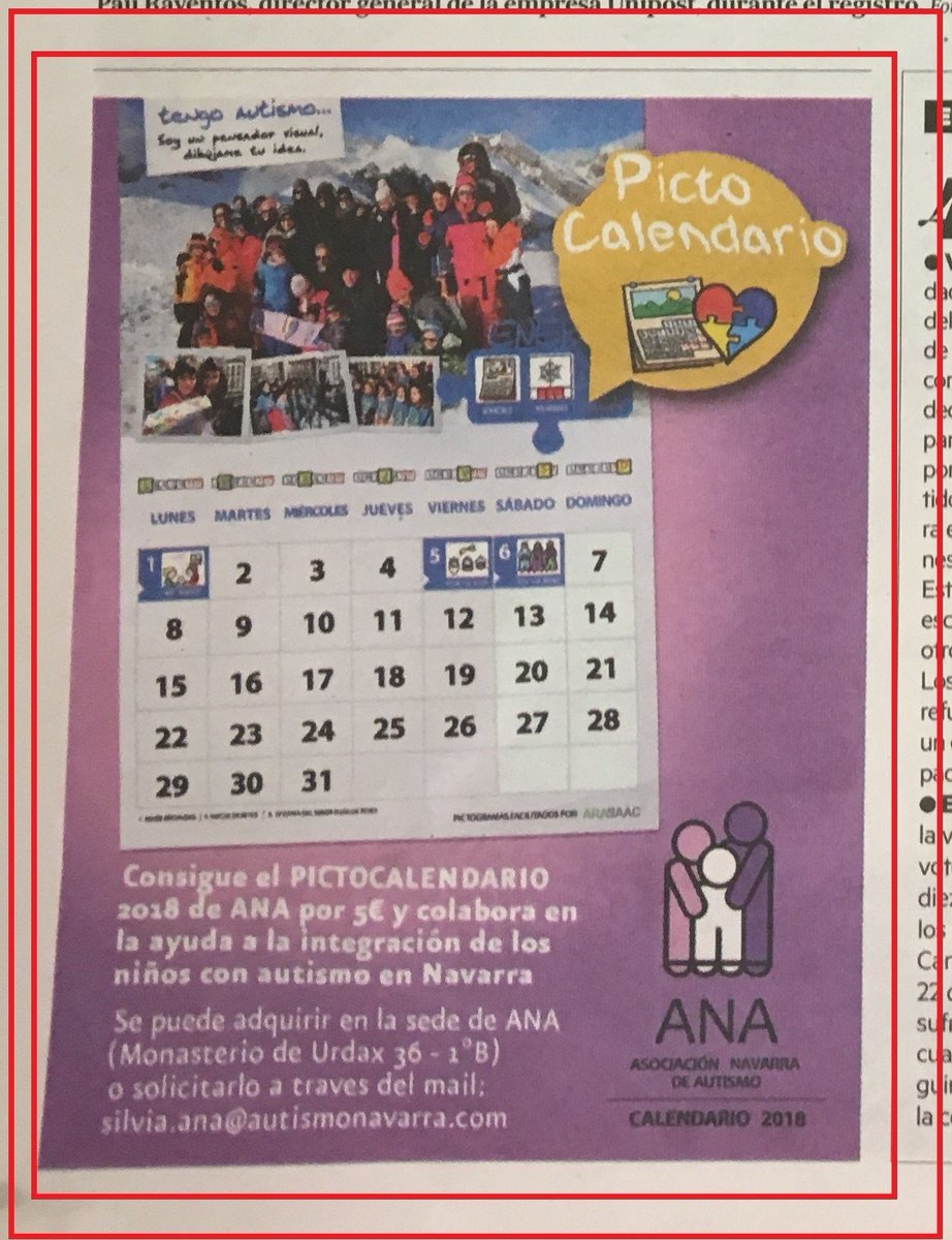 .<a href="/NoticiasNavarra/">Diario de Noticias</a> publica el #PictoCalendario2018 de la <a href="/autismonavarra/">ANA autismonavarra</a>  
Hazte con el tuyo contactando en silvia.ana@autismonavarra.com;
<a href="/lady_moustache/">Lady Moustache</a> <a href="/arasaac/">ARASAAC</a> <a href="/B2VISUAL/">B2VISUAL</a> <a href="/alegriamuda/">Amaya Áriz</a>