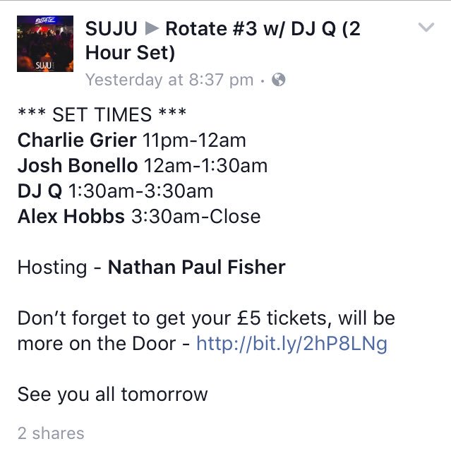 AlexHobbss's tweet photo. Set times for @djqmusic tonight! Come on down 💃🏻 https://t.co/68oqRa2By5