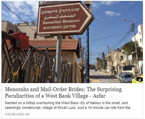 Read Annie Evans's article 'Menorahs and Mail-Order Brides; The Surprising Peculiarities of a West Bank Village' in Asfar's e-Journal, December 2017. asfar.org.uk/menorahs-mail-…