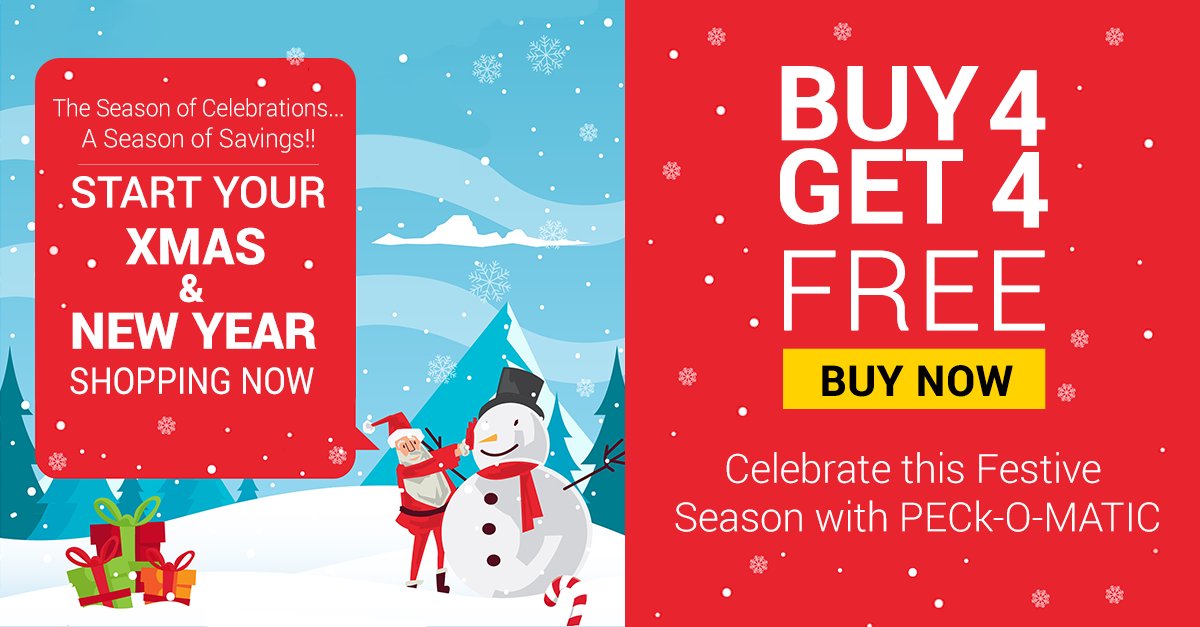 Frankstrade's tweet image. Celebrate this Festive Season with PECk-O-MATIC. 
#Halfpricesale #buy4get4 #XMAS #NewYear #Sale 
Click here to know more: goo.gl/csrgTj