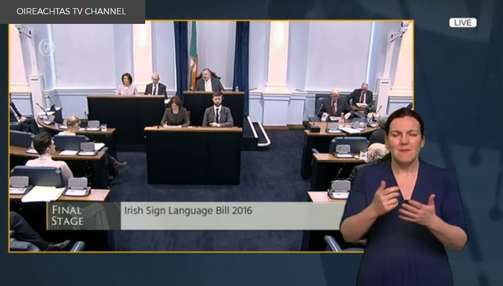 OireachtasNews's tweet photo. #OireachtasTV - The Recognition of Irish Sign Language for the Deaf Community Bill 2016 has been passed by #SeanadÉireann - the Bill as passed by both Houses will go to the President for signing - #seeforyourself #ISL https://t.co/AKMzsPR7bJ