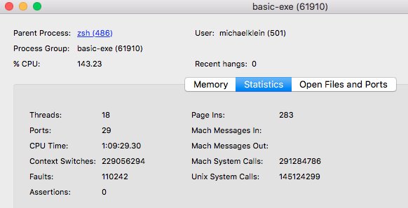 #Haskell scales: 7.7MB real memory, 1.00TB virtual, no input, output to stdout, 190 lines of code