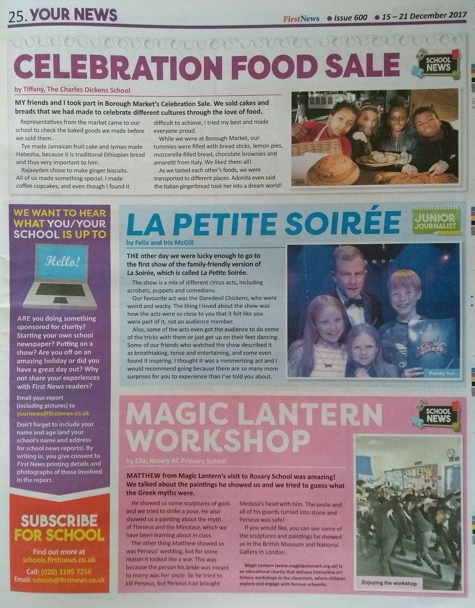 Delighted that <a href="/First_News/">First News 🗞️❤️💙</a> <a href="/FirstNewsEditor/">Nicky Cox MBE 🌍</a> has featured a report on one of our workshops in this week's edition! Great reporting from a year 4 pupil/art historian in the making.
