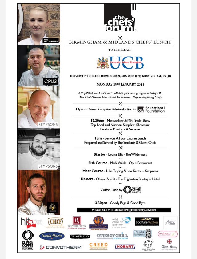 Birmingham chefs
<a href="/thechefsforum/">𝚃𝚑𝚎 𝙲𝚑𝚎𝚏𝚜’ 𝙵𝚘𝚛𝚞𝚖®🍽</a> is kicking off 2018 in style <a href="/unibirmingham/">Uni of Birmingham</a> 
@thewildernessb5 @OpusCornwallSt <a href="/simpsons_rest/">Simpsons B'ham</a> <a href="/LukeTipping1/">Luke Tipping</a> @louisaellis13 @Theedgebaston <a href="/Briaultolivier/">Olivier Briault</a> 
@cliftoncoffee <a href="/synergygrill/">Synergy Grill Technology</a> <a href="/koppertcressUK/">KoppertCress UAE-UK</a> <a href="/SantaMariaFSUK/">Santa Maria Foodservice UK</a> 
15th jan #rsvp #asap
