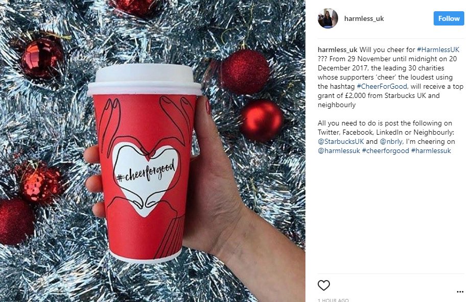 HarmlessUK's tweet photo. At the heart of our service is hope. Share this post and help us bring that hope to more people ❤️  #CheerForGood #HarmlessUK #Nottingham #SuicidePrevention #MentalHealthAwareness @starbucks https://t.co/4uW72xIwkp