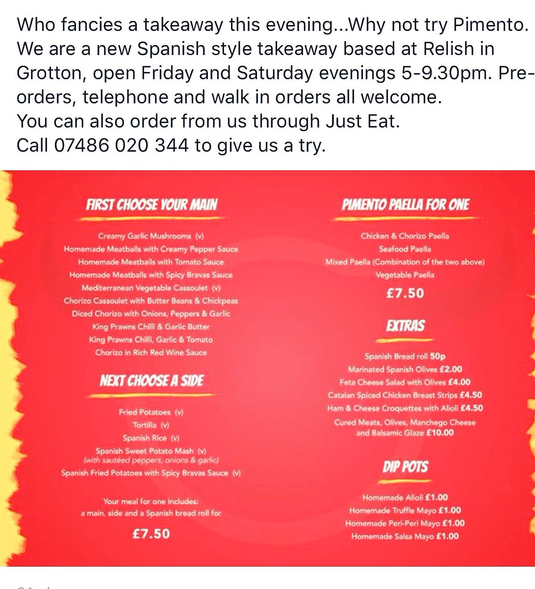 Relish1a's tweet photo. Anyone for takeaway tonight? Why not try our new Spanish Takeaway Pimento based at Relish in Grotton open from 5pm today 💃 https://t.co/72xDpgVeJh