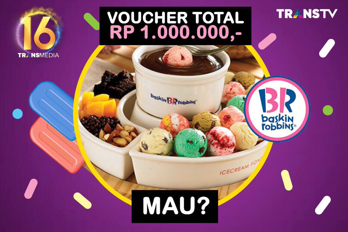 TRANSTV_CORP's tweet photo. KUIS SEGMEN 1. Ada Voucher Baskin Robins @100rb untuk 5 orang pemenang nih! 
Apa judul lagu pertama yang dibawakan oleh Kotak di HUT TRANSMEDIA 16? #TRANSMEDIA16 https://t.co/nwVNSmmlx6