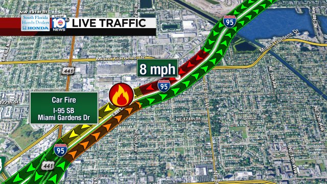 Car fire on I-95 SB at Miami Gardens Dr #traffic https://t.co/0vW9DAEx96