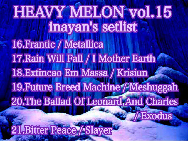 kerry_metal's tweet photo. 12/9土曜に開催したHeavy Melon vol.15❣️ラストのセットリストはDJ inayanだよーん(≧∀≦)これまた定番ありサプライズありメタルに限らない選曲❣️
#HeavyMelon
#PLANET37
#inayan https://t.co/99SGqIGyZ3