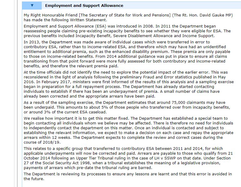 Minister slipped out announcement last night that 75,000 people have been underpaid their ESA (employment and support allowance) - apparently to the tune of £500m parliament.uk/writtenstateme…