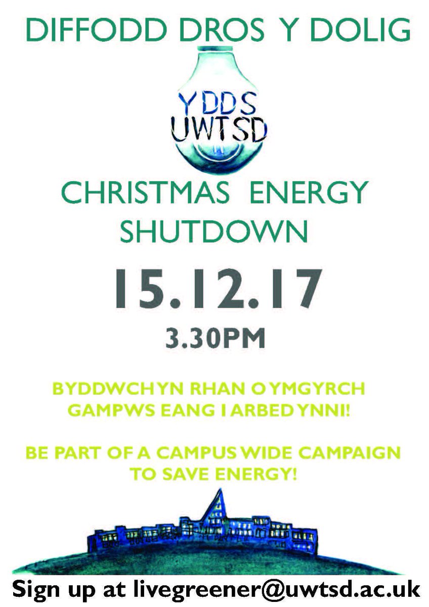 Don't miss your chance to be part of this University-wide energy saving campaign. The challenge is to work through chosen UWTSD Buildings turning off all non-essential equipment that has been left on before the weekend. Full training and pizza provided! #GoGreen #sustainable
