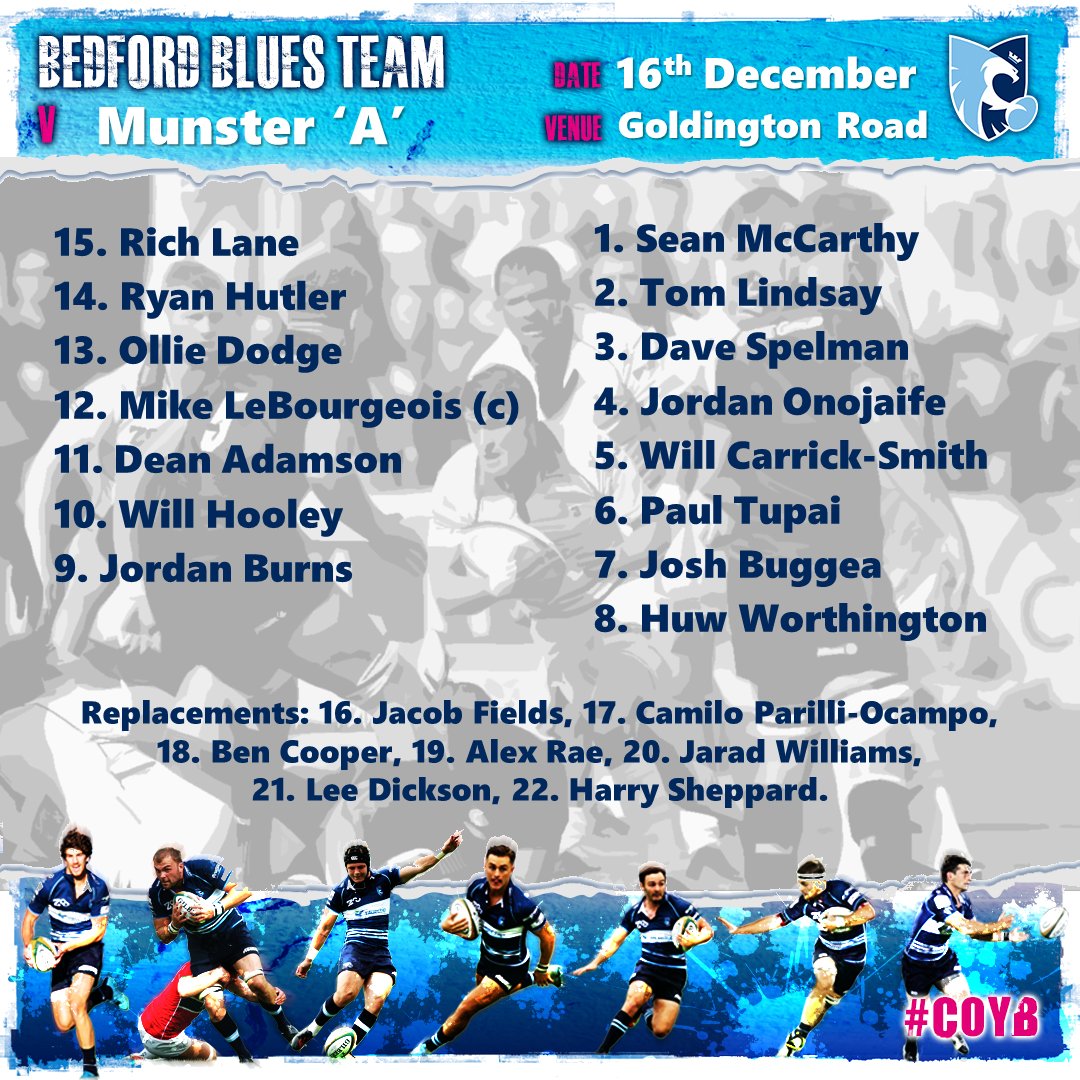 BedfordBluesRFC's tweet photo. Bedford Blues have named their team to face @Munsterrugby tomorrow. @SendInTheToops makes his 250th Blues appearance, starting debut for @huwworthington + starts for @RyanHutler @DSpelmanRugby &amp; @wcarricksmi1 #COYB https://t.co/jqUmdAI4he https://t.co/MN8LhHHFx7