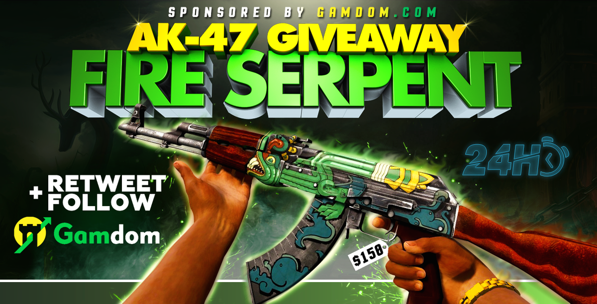 gamdom's tweet photo. 🎁 DAILY Giveaway 🎁

🎁 Field-Tested AK-47 | Fire Serpent 🎁

✅ Retweet
✅ Follow us
✅ Reply with 1⃣st, 3⃣rd and 6th character of your "@"Twitter(In Order)

Winner will be picked in 24 hours Good luck everyone! https://t.co/rfeYsE46w6