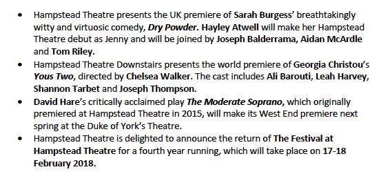 TerriPaddock's tweet photo. Back at @Hamps_Theatre home base, a few other announcements today, inc #HayleyAtwell joined by #AidanMcArdle @thisisTomRiley &amp; @theBaldeDrama in #DryPowder 26 Jan-3 Mar. https://t.co/gSChRTBWFv